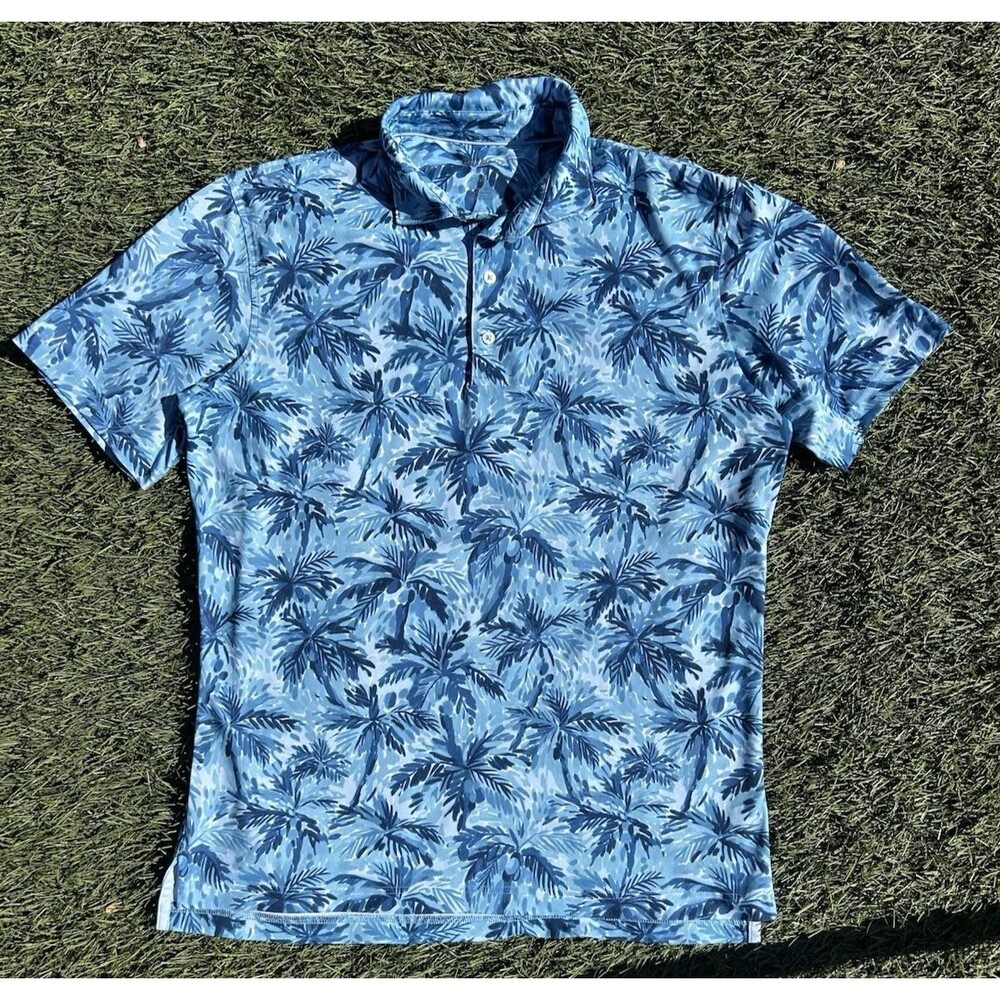 johnnie-O Performance Golf Polo Shirt Men's Medium Blue Palm Tree Print Stretch